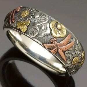 RETRO Unisex Flower Dragonfly Sunflower Silver 925 Gold Rose Gold Pattern Ring